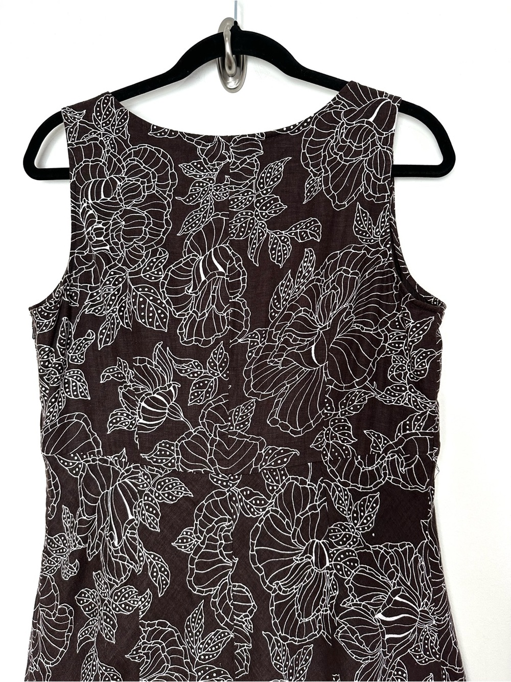 Vintage 100% Linen Chocolate Brown Floral Midi Dress Coastal Comfort Minimalist - Picture 9 of 12